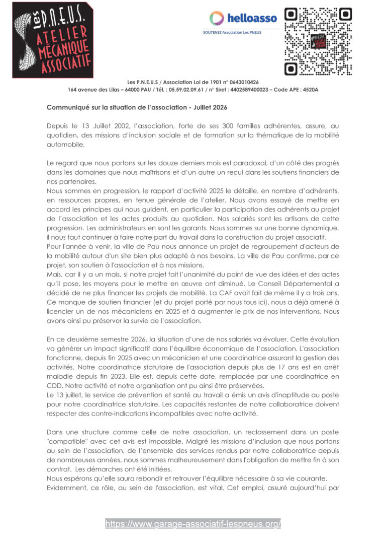 Communiqué sur la situation de l’association